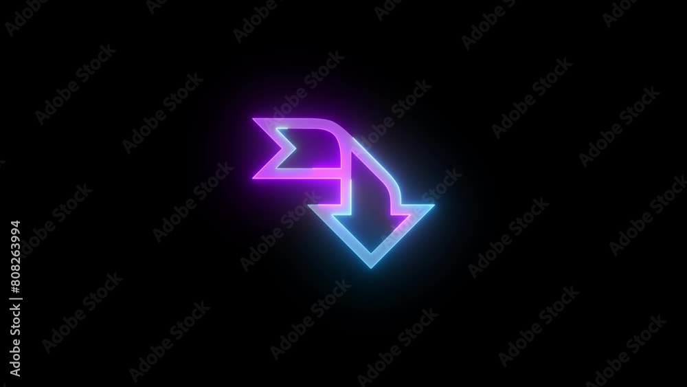 Neon left to down direction icon cyan purple color glowing animated black background Neon left to down direction icon cyan purple color glowing animated black background
