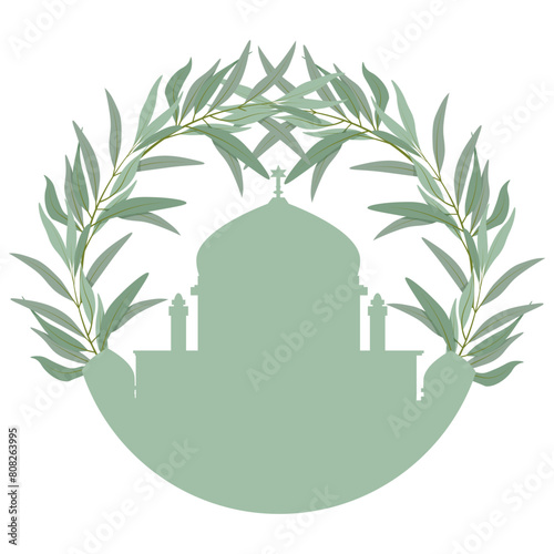 Light green silhouette of a synagogue with olive tree branches 