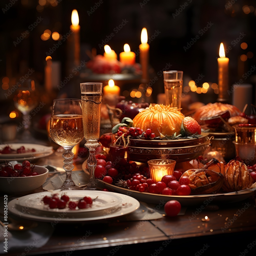 Festive table with croissants, cherries and glasses of wine