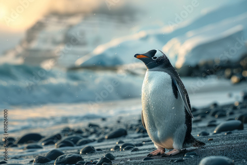 A penguin with feathers that glisten like fresh snow and icicles, waddling on an icy shore by the Antarctic seas, photo