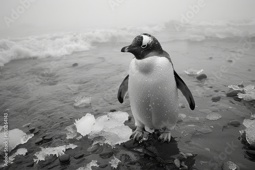 A penguin with feathers that glisten like fresh snow and icicles, waddling on an icy shore by the Antarctic seas, photo