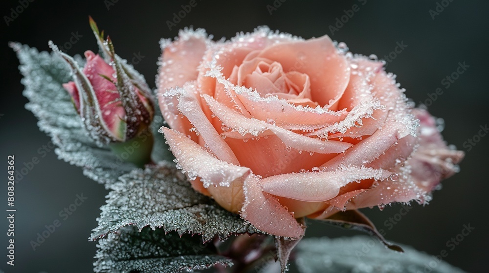   A pink rose with water droplets on its petals and a green stem in close-up
