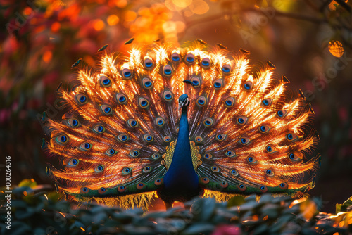A peacock displaying feathers that shimmer with the fiery reds and oranges of a sunset, attracting mates in a lush garden,