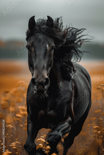 A stallion with a mane and tail that crackle with static electricity, galloping across a stormy field under a charged sky,