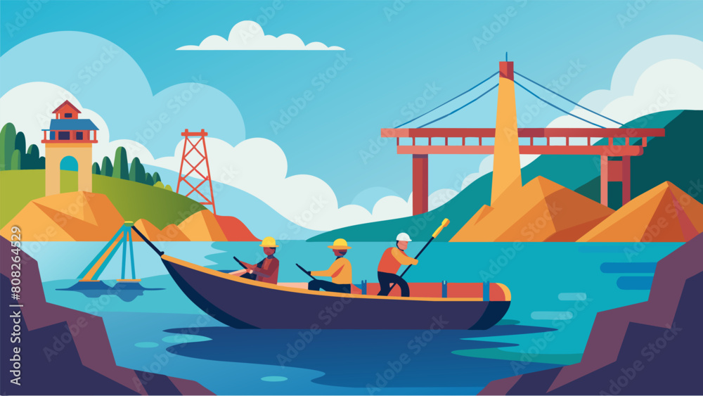 In the distance a team of workers ride in a small boat to transport equipment and materials to the construction site of a bridge over a remote river.. Vector illustration In the distance a team of workers ride in a small boat to transport equipment and materials to the construction site of a bridge over a remote river.. Vector illustration