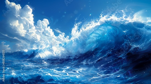 large wave coming ocean blue sky white liquid deep type light running down walls twisted waterway foam ashore photo