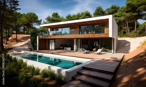 Modern house with a pool and a wooden fence 