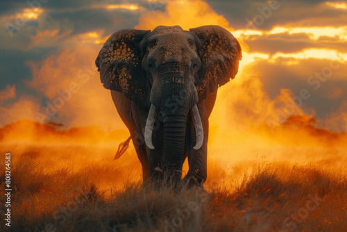 A mighty elephant, its skin textured like cracked earth, standing majestically in a dusty savannah at sunset, photo