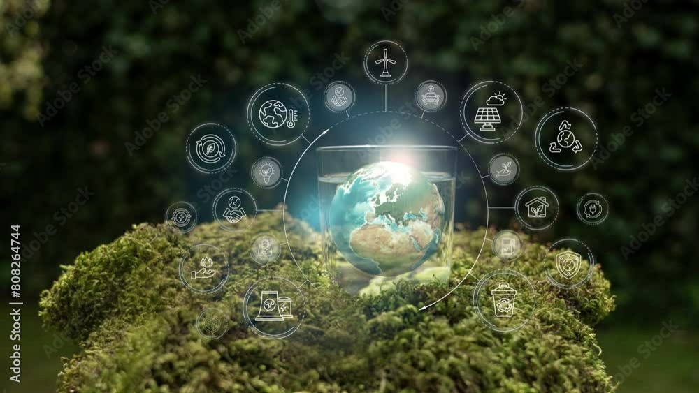 Earth 3D Global Ecological Green Energy Icons Concept In Glass Of Water ...