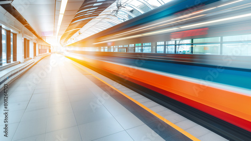 High-speed train in motion. A high-speed train captured in motion with a dynamic blur effect at a modern train station, emphasizing speed and modernity. AI generative..