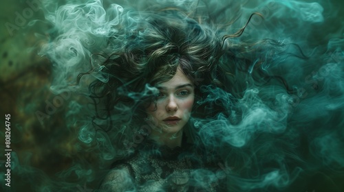 woman long hair smoke swirling fluid smokey enigma filters female floating greenish blue half body forsaken spirits highly turbulent
