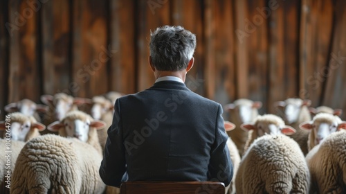 Man Standing in Front of Group of Sheep photo