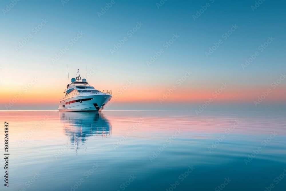 Obraz premium Luxury yacht serenely floats on the tranquil, mirror-like waters at sunrise, under a gradient sky