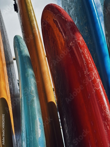 Row of surfboards lined up outside. photo