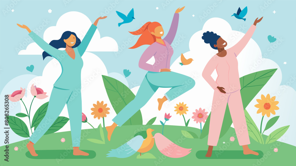 In a picturesque garden birds chirping and flowers blooming a group of friends clad in flowy pajamas practice Pilates their bodies in harmony with. Vector illustration