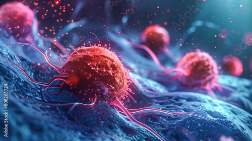 Microscopic photo of cancer cells undergoing anticancer treatment. A close-up of cells in the body connecting and showing their connection. photo