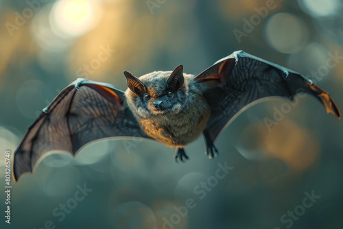 A bat flying at dusk, its body dissolving into the shadows of the night, embodying the twilight, photo