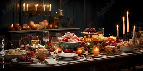 Christmas table with food, candles and candlestick. Panorama