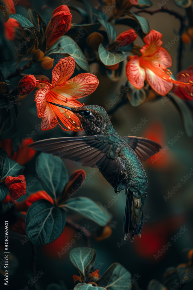A hummingbird sipping from a flower, its colors flowing into the petals, making it indistinguishable from the bloom,