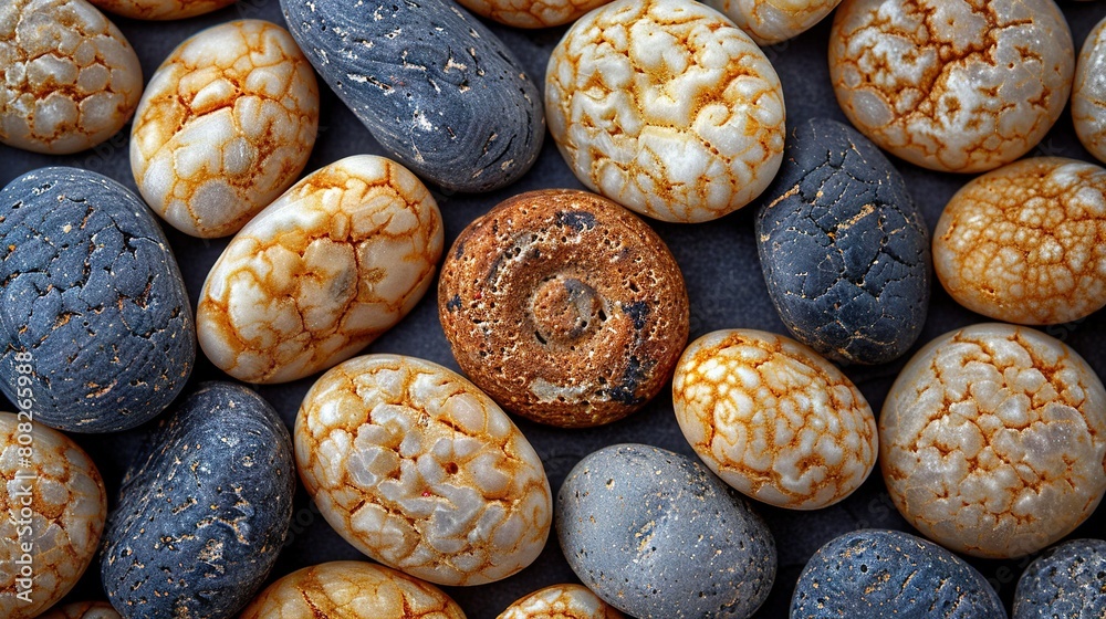   A collection of variously colored stones arranged in a circle surrounding a central, larger stone, which features an intricate spiral pattern etched into its surface