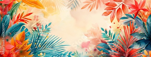 Bright summer tropical background with colorful leaves and flowers. Trendy botanical wallpaper with blue  pink  yellow colors. Festive mood. Wide banner. Copy space. Mockup for design. Watercolor art