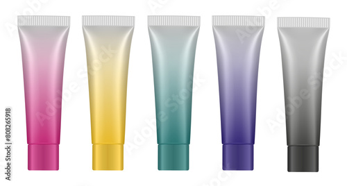 Set of multicolored gradient tubes. 3d mockup. Rainbow palette. Purple, black, green, yellow and red colors. Hand cream, mask or lotion. Professional shampoo. Plastic bottle.