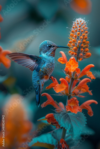 A hummingbird sipping from a flower, its colors flowing into the petals, making it indistinguishable from the bloom,