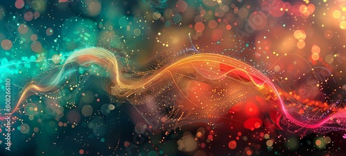 Vivid particle wave with colorful bokeh effect on a dark background. Luminous particles forming dynamic waves. Concept of energy flow  digital art  and abstract visuals. Background.