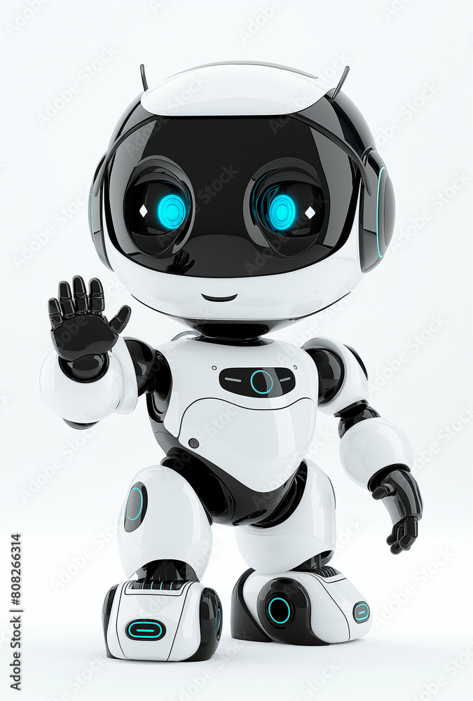 3D rendering of a full body robot waving to the camera with a smiling face, on a white background 3D rendering of a full body robot waving to the camera with a smiling face, on a white background