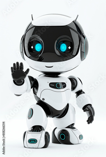3D rendering of a full body robot waving to the camera with a smiling face, on a white background 