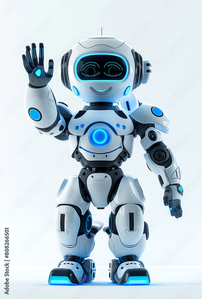 3D rendering of a full body robot waving to the camera with a smiling face, on a white background 3D rendering of a full body robot waving to the camera with a smiling face, on a white background