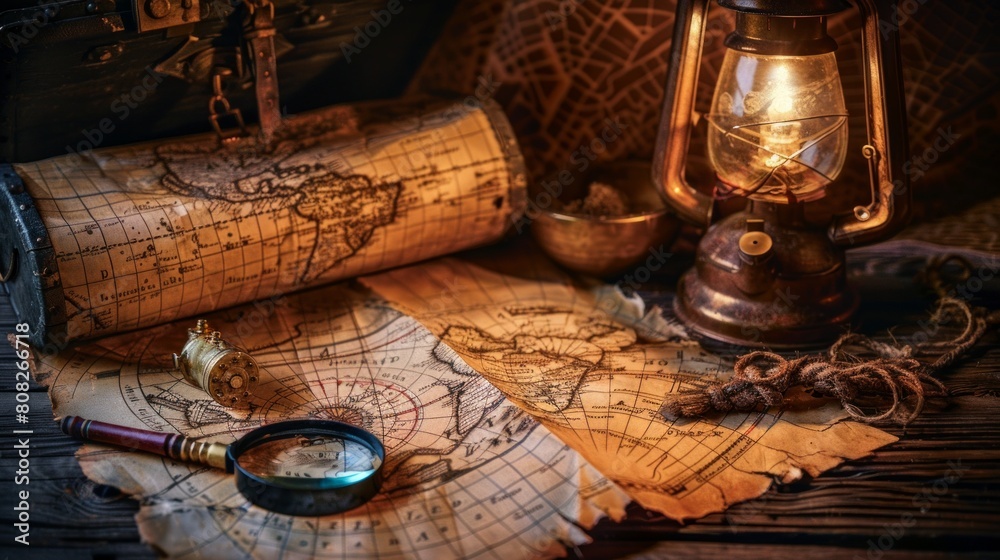 Exploration, adventure and treasure hunt background, vintage map, kerosene lamp, golden coins on wooden table. Columbus day
