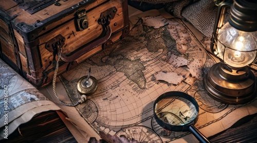Exploration, adventure and treasure hunt background, vintage map, kerosene lamp, golden coins on wooden table. Columbus day