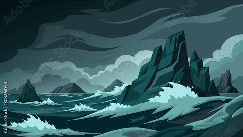 A dark and stormy sea with turbulent waves crashing against jagged rocks symbolizes the patients tangled and overwhelming thoughts before therapy.