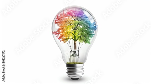 a lightbulb lamp with a colorful tree inside isolated on solid white background