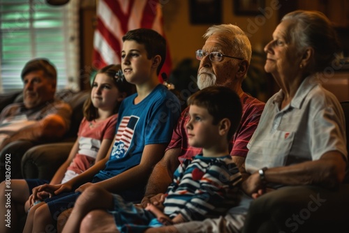 A multi-generational family attentively watching TV in a room with an American flag. 4th of July  american independence day  happy independence day of america   memorial day concept