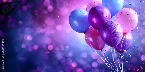 Colorful image with balloons and confetti for April Fools Day party. Concept April Fools Day Party, Colorful Balloons, Confetti, Playful Celebrations photo