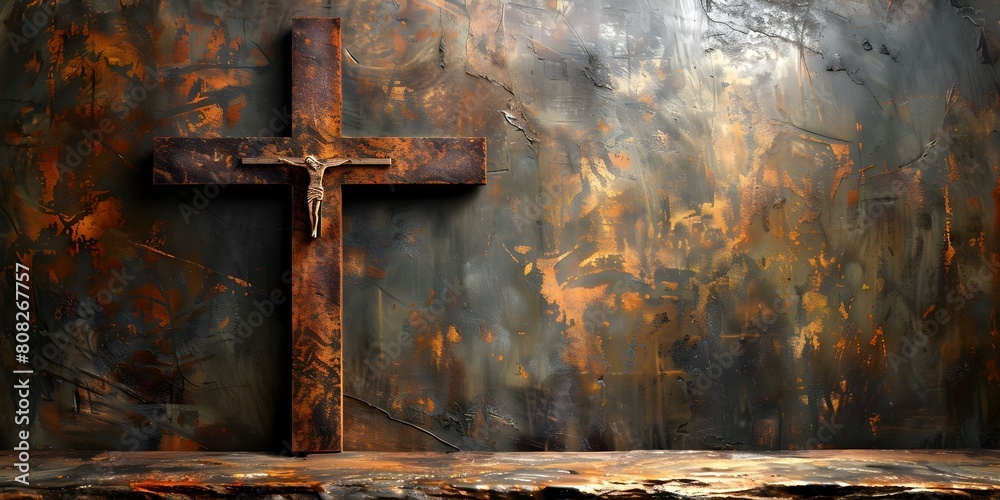Rusty Christian cross on grey background with space for text religious theme. Concept Religious Symbolism, Rustic Aesthetic, Text Space, Christian Iconography, Grey Background
