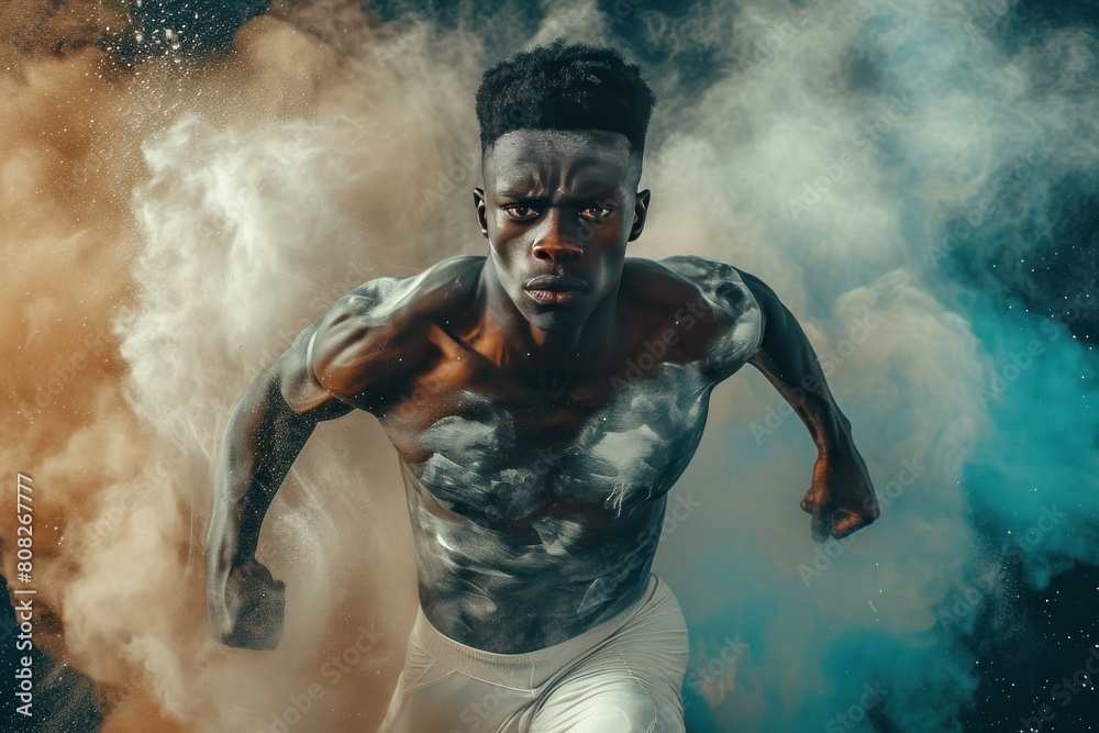Muscular male athlete explodes into action amidst a cloud of colorful dust Muscular male athlete explodes into action amidst a cloud of colorful dust