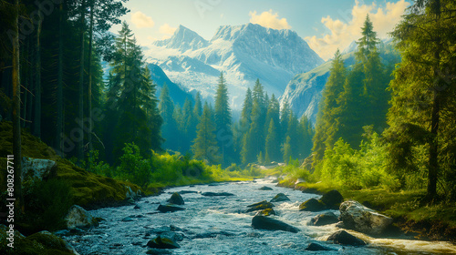 A flowing river among the forest with visible mountains. photo