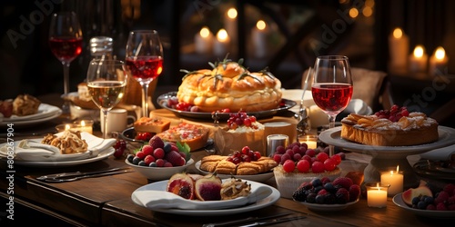 Festive table with variety of delicious desserts  wine and snacks. Selective focus.