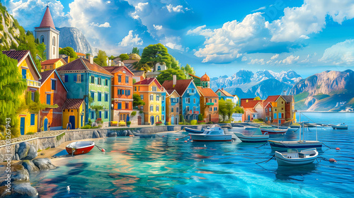 photo of An old  picturesque town with colorful houses by the sea 