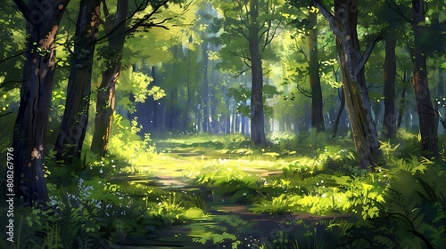 Bask in the tranquil beauty of a lush forest glade  where sunlight filters through the canopy  casting dappled shadows on the forest floor below.
