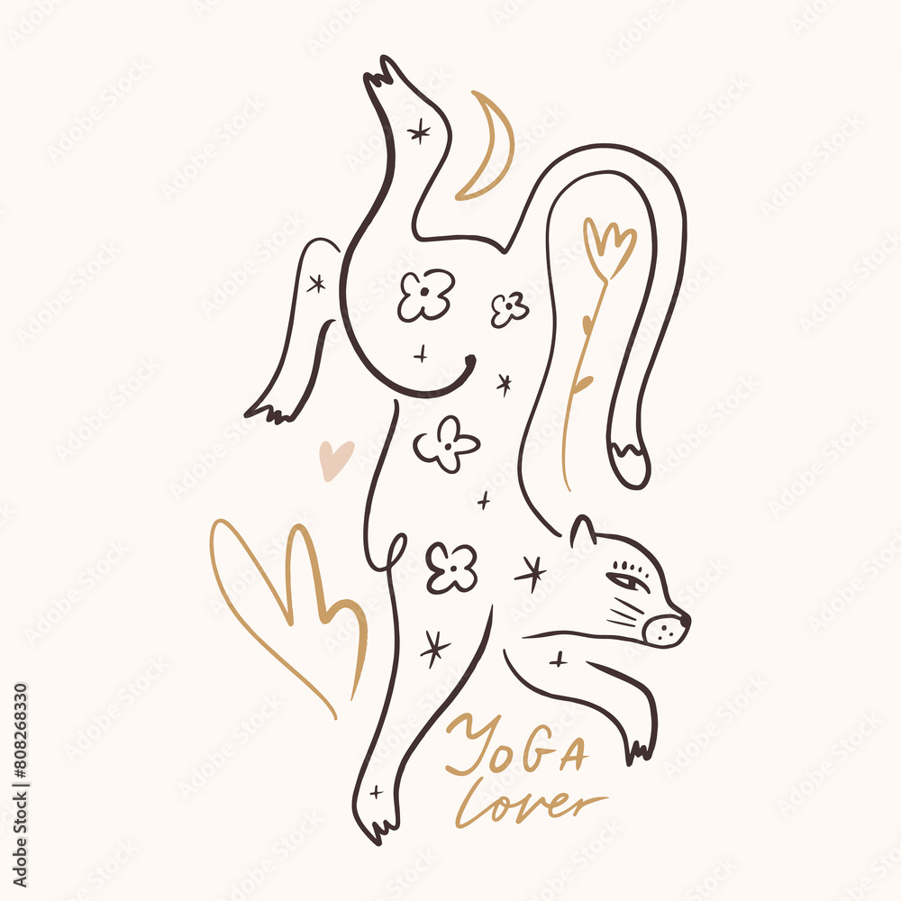 Simple hand drawn trendy line leopard cat. Abstract minimalistic wild cat groovy composition. Monochrome print for clothes, textile and other. Vector fashion yoga illustration art Simple hand drawn trendy line leopard cat. Abstract minimalistic wild cat groovy composition. Monochrome print for clothes, textile and other. Vector fashion yoga illustration art