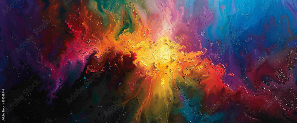 Bursting forth from the depths of darkness, a radiant explosion of colors fills the frame, imbuing the scene with a sense of vibrant vitality and life.