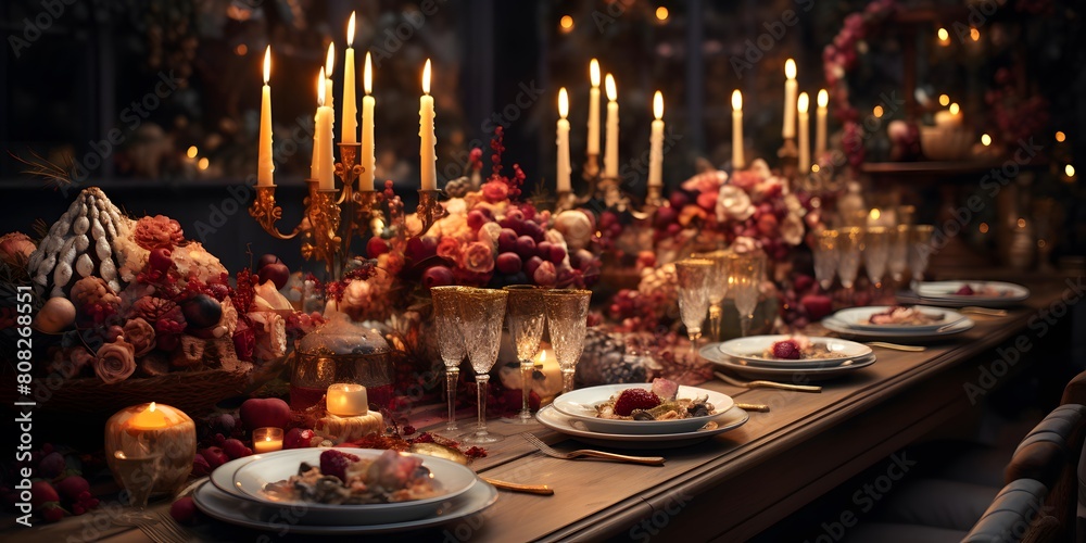 Festive table with fruit and candles in the church. Selective focus.