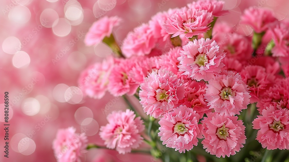 A pink vase filled with sharp focus pink flowers against a blurred pink background A pink vase filled with sharp focus pink flowers against a blurred pink background