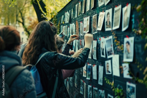 People at a memorial wall with photos, engaged in an act of remembrance. 4th of July, american independence day, happy independence day of america , memorial day concept