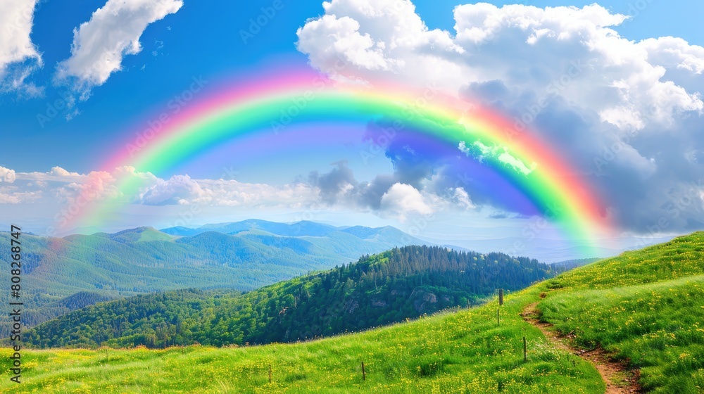 a rainbow arching over a mountain landscape adorned with lush green grass and winding dirt roads, under the radiant sun of a bright summer day, offering a picturesque nature background. a rainbow arching over a mountain landscape adorned with lush green grass and winding dirt roads, under the radiant sun of a bright summer day, offering a picturesque nature background.