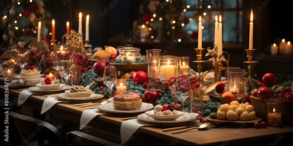 Christmas table with candles, candlesticks, cookies and other festive decorations